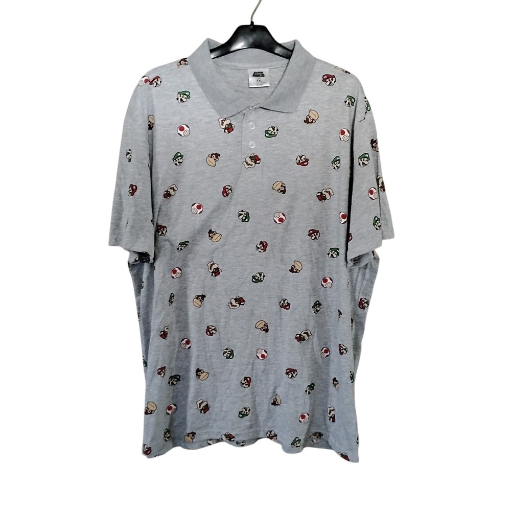 Super Mario Nintendo Mens XXL Gray All Over Print Polo Shirt Bowser Luigi DK